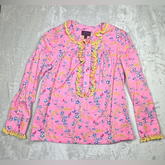 J. Crew X Liberty Pink Poplin Floral Butterfly Ruffle Long Sleeve Blouse Size XS - Picture 4 of 16